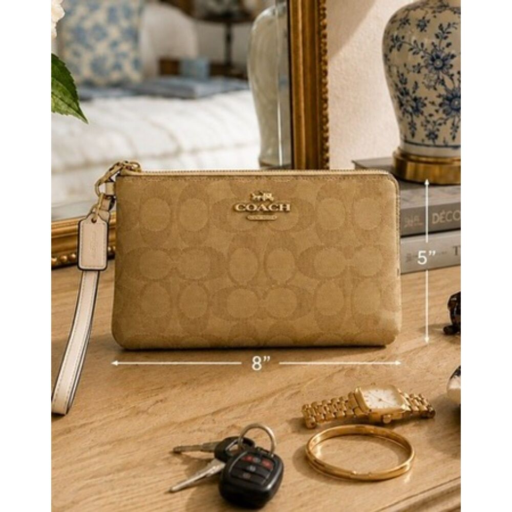 Coach Signature C Khaki Ivory Corner Zip Wristlet Canvas Leather EUC